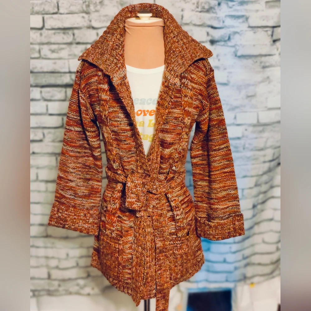 Chunky Spacedyed 70s Cardigan Sweater big Shawl Collar Pockets desert colors S